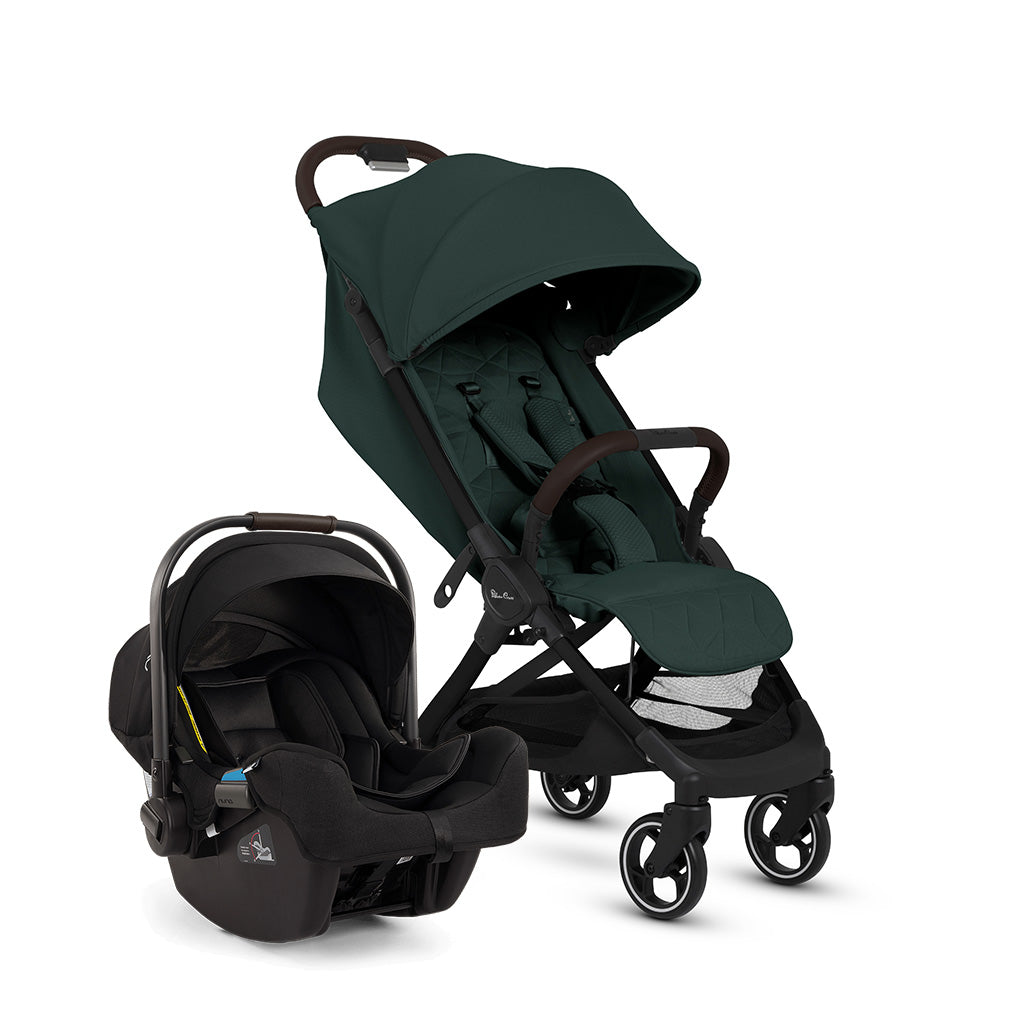 Silver Cross Clic Stroller in Conifer with Nuna PIPA Infant Car Seat in Caviar