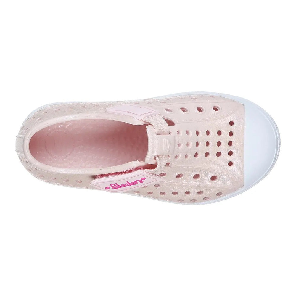 Skechers Puddle Star Rose Gold kids' sneaker with perforated pink upper, Velcro strap, and white toe cap, viewed from above.