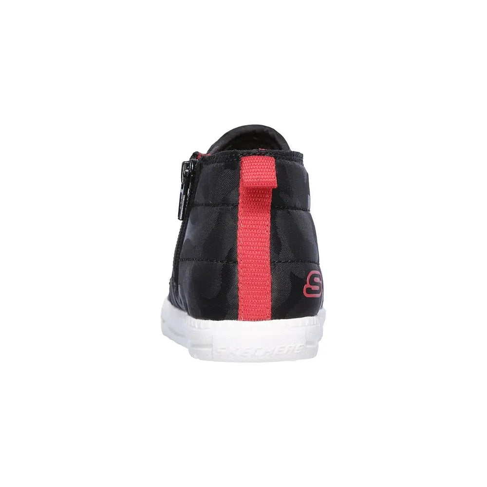 Skechers Boy's Lil Lad Camouflage Clique Black sneakers, back view with pink pull tab and white sole
