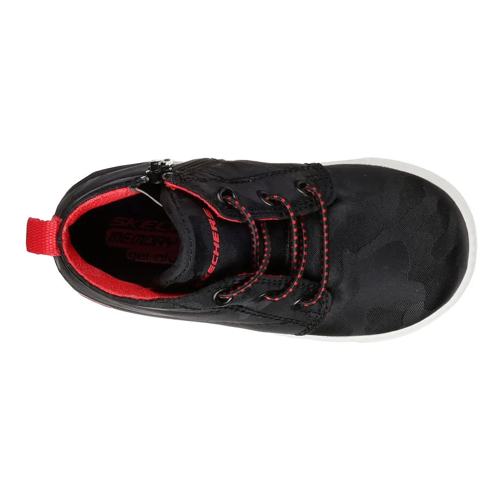 Skechers Boy's Lil Lad Camouflage Clique Black sneaker with red interior and laced front, white sole