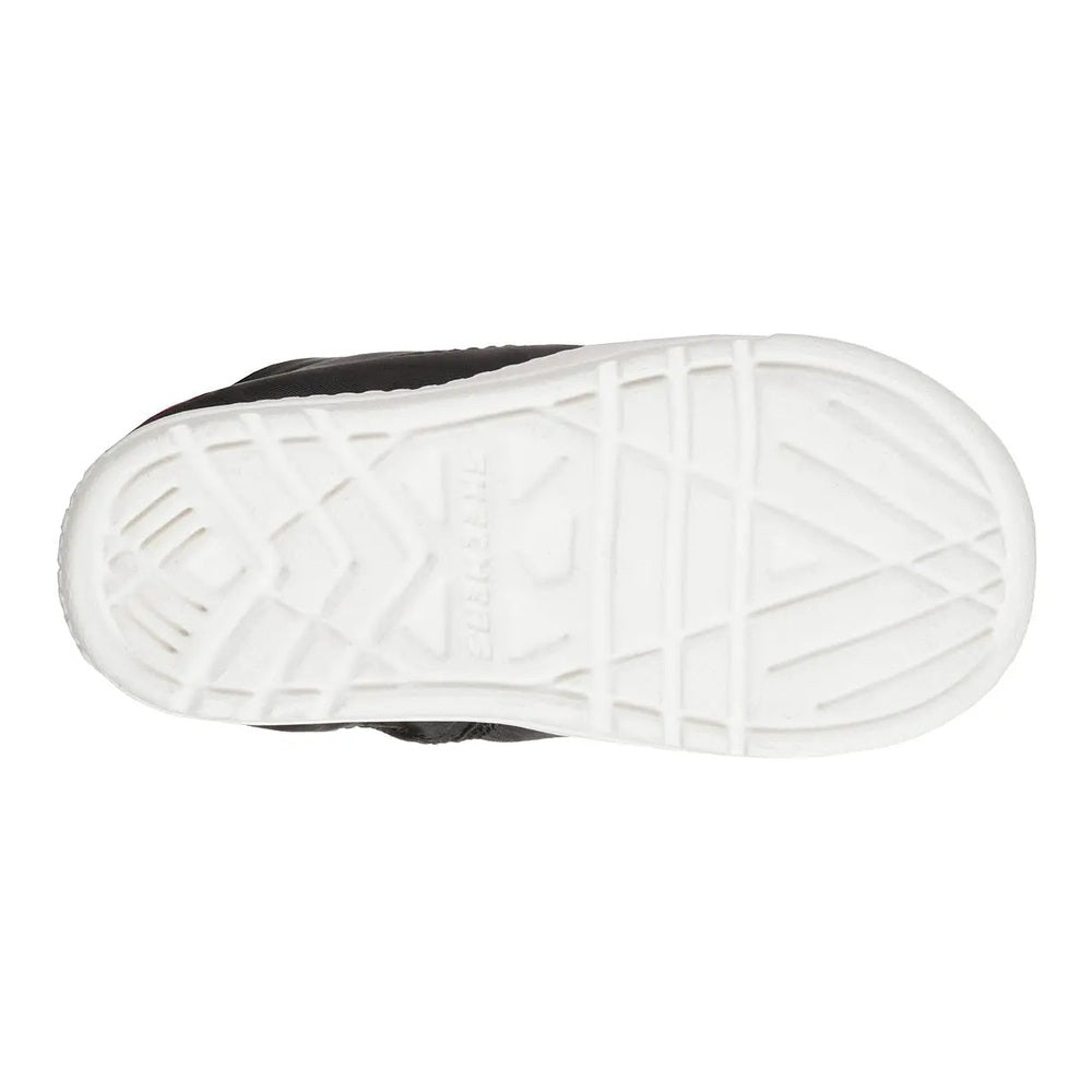 Skechers Boy's Lil Lad Camo Clique Black sneakers, bottom-up view reveals white outsole tread pattern.