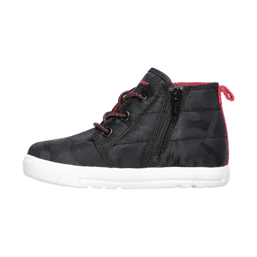 Skechers Boy's Lil Lad Camo Clique Black sneakers with red laces, side zipper, and back