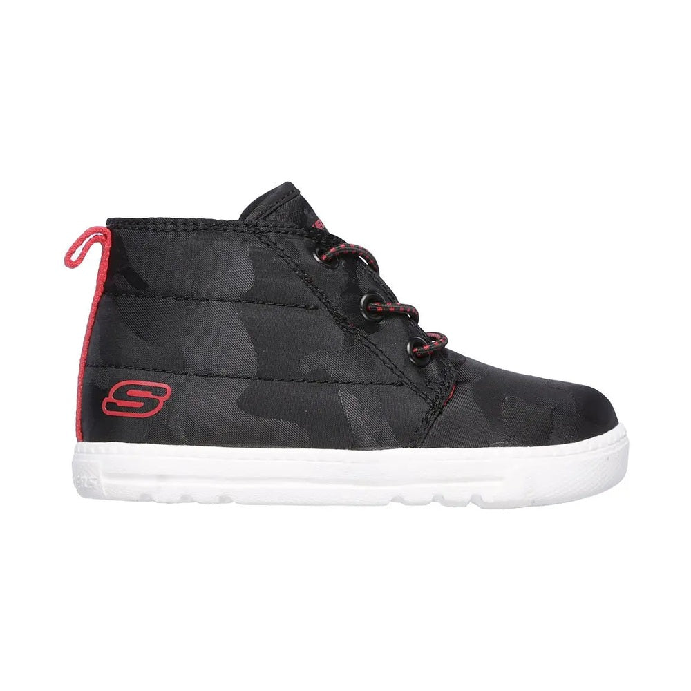 Skechers Boy's Lil Lad Camo Clique Black sneaker in black camouflage with red accents and white sole, side view.