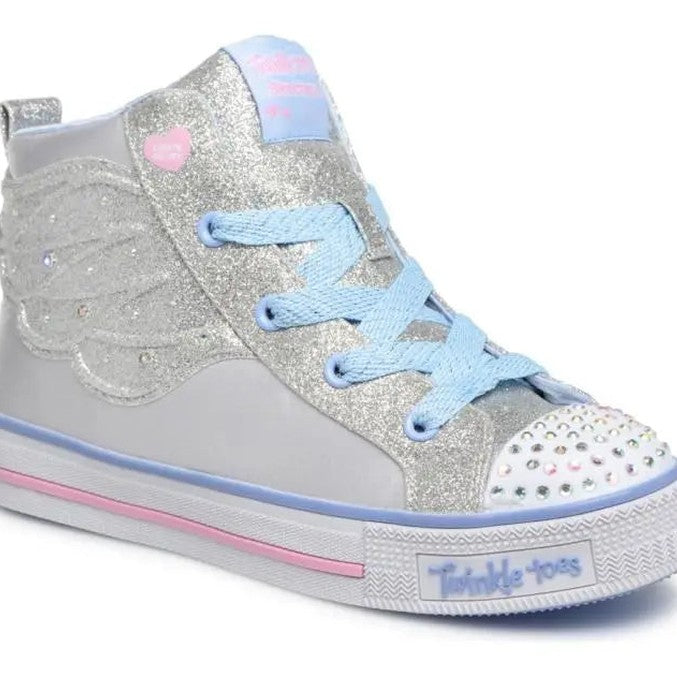 Skechers Twinkle Toes Shuffles Lite Dainty Wingz Child sneaker with silver glitter upper, pale blue laces, rhinestone toe.