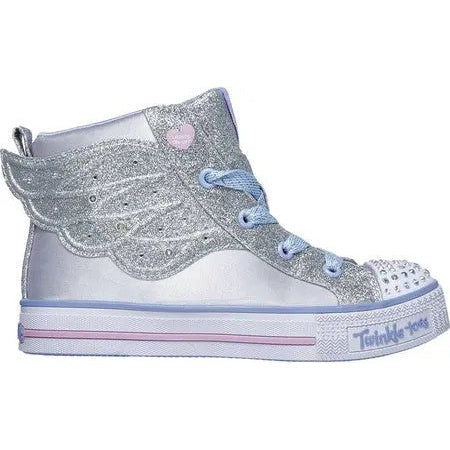 Skechers Twinkle Toes Shuffles Lite Dainty Wingz Toddler sneaker in silver glitter with winged design and blue laces