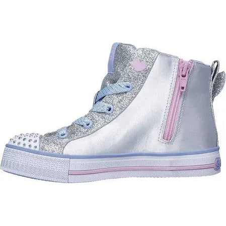 Skechers Twinkle Toes Shuffles Lite Dainty Wingz Toddler sneaker with glitter silver upper, blue laces tied, pink zipper.