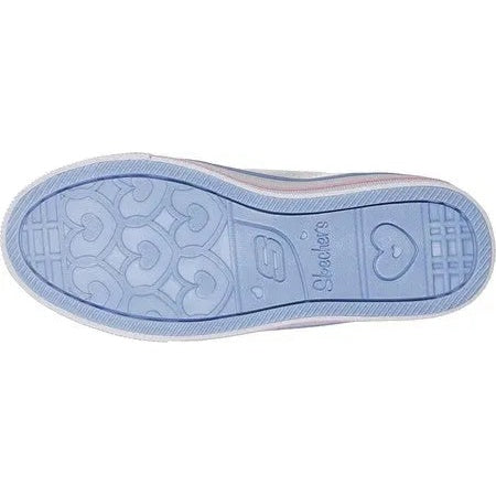 Skechers Twinkle Toes Shuffles Lite Dainty Wingz Toddler sneakers, lavender sole showing heart-pattern tread as a toddler steps.