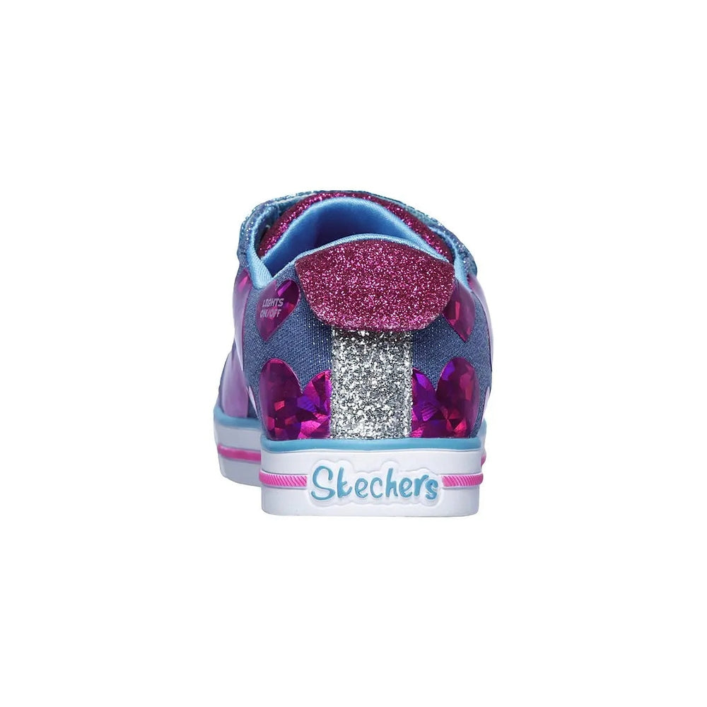Skechers Twinkle Toes Sparkle Lite Flutter Fab toddler sneakers; blue glitter back with pink accents and white sole.