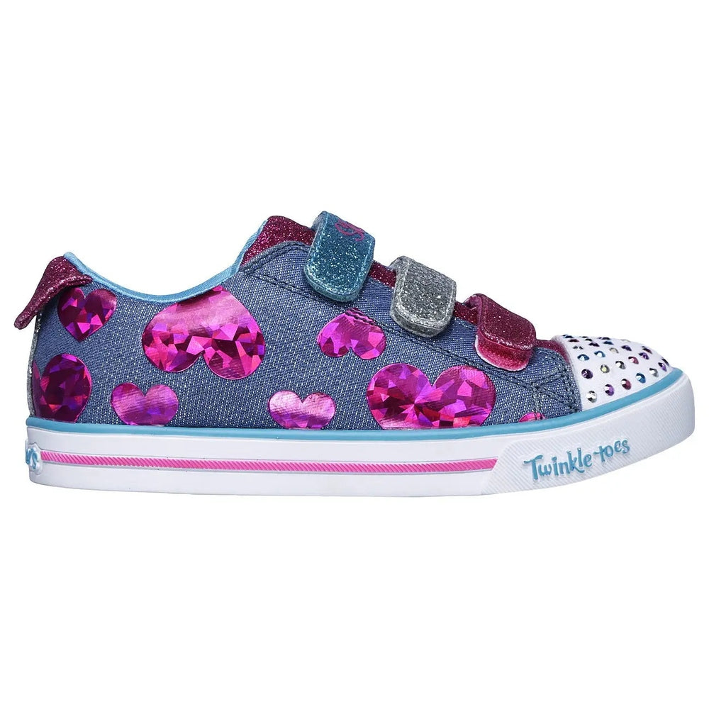 Skechers Twinkle Toes Sparkle Lite Flutter Fab toddler sneakers in denim with pink heart gems, glitter straps, and rhinestone toe, Velcro fasteners