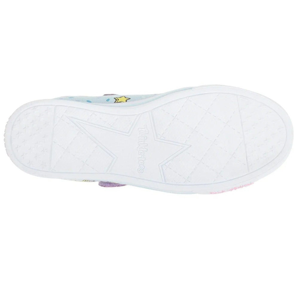Skechers Twinkle Toes Unicorn Craze light blue kids' sneakers, white outsole showing star tread and unicorn accents