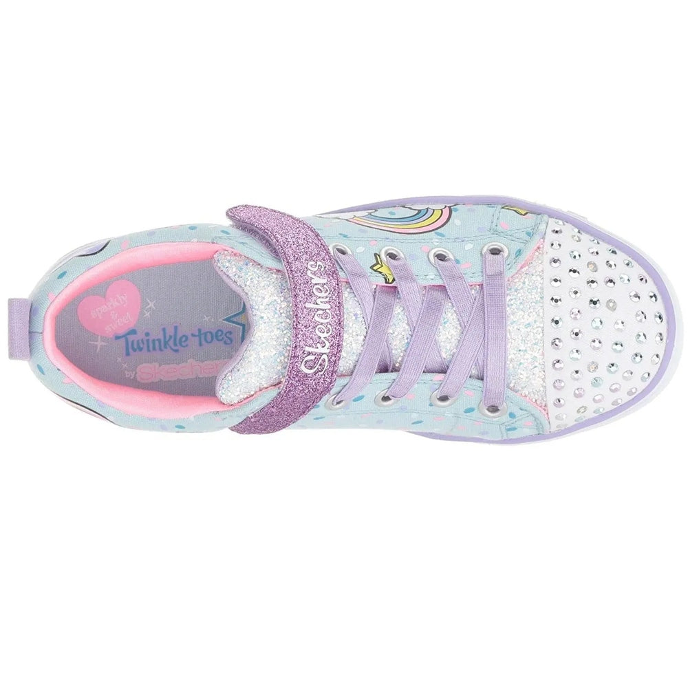 Skechers Twinkle Toes Unicorn Craze sneaker in light blue; lavender laces and glitter strap secured with rhinestone toe.