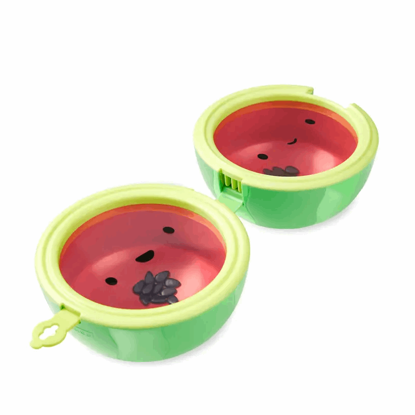 Skip Hop Farmstand Melon Drum set of 2 baby activity drums, green exterior with red interior.