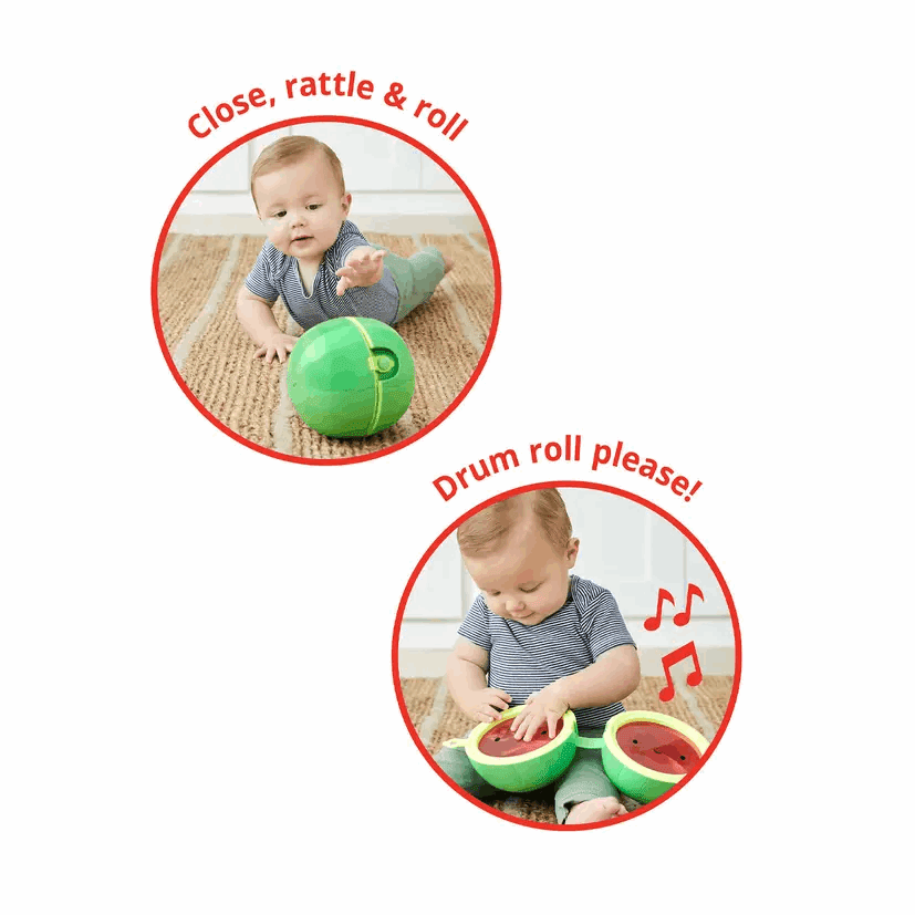 Skip Hop Farmstand Melon Drum baby toy, green melon drums with a baby playing across two circular scenes