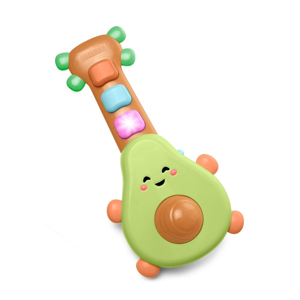 Skip Hop Farmstand Rock A Mole guitar toy in avocado green with orange neck and multicolor buttons
