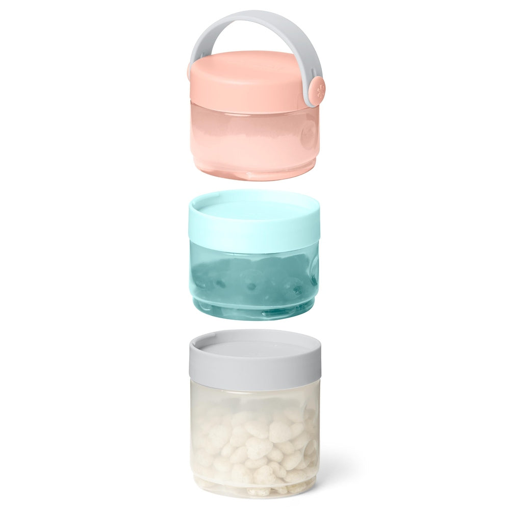 Skip Hop formula-to-food containers set of 3 in pastel pink, mint teal, and clear with white lids