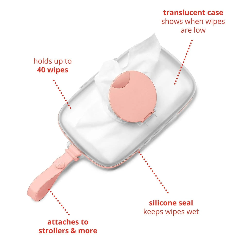Skip Hop Grab & Go Snug Seal Wipes Case in pink, attached to a stroller, showing 40-wipe capacity and silicone seal.