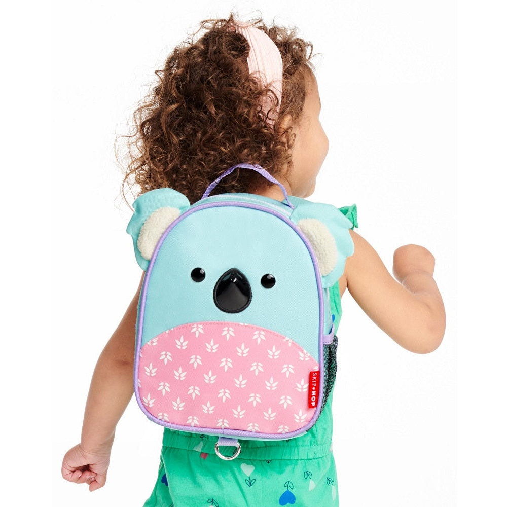 Skip Hop Mini Koala Backpack with Safety Harness; turquoise body with pink leaf-pattern pocket