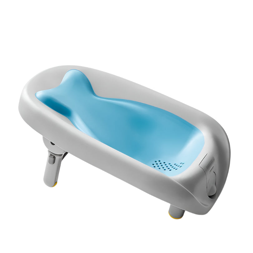 Skip Hop Moby Recline and Rinse Bather, gray shell with blue interior for baby bath.