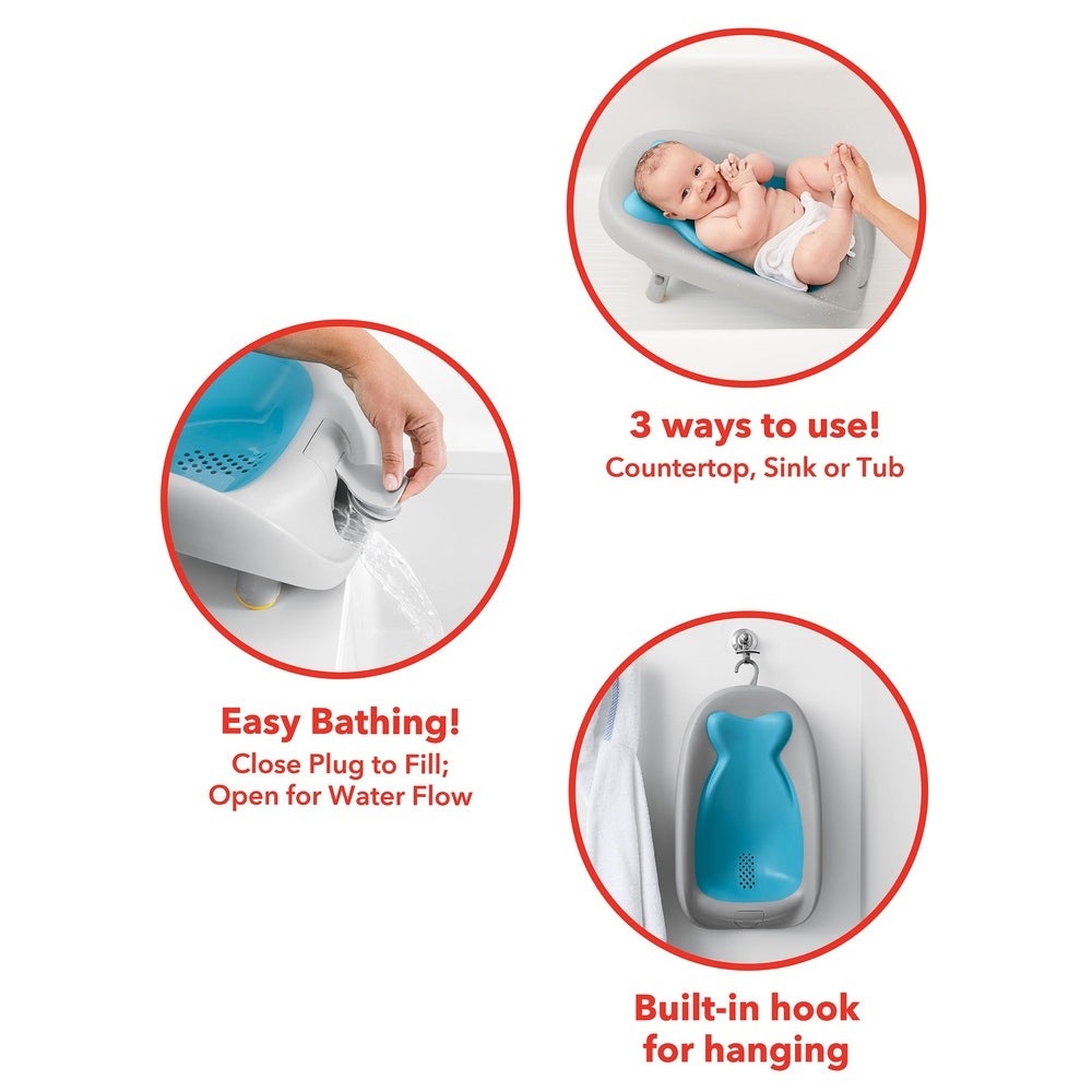 Skip Hop Moby Recline and Rinse Bather; gray baby bath seat with blue insert and built-in hook for counter, sink or tub