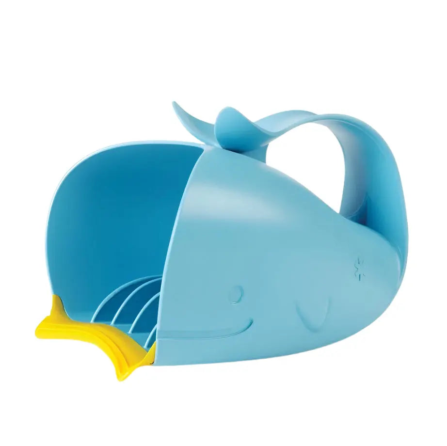 Skip Hop Moby Waterfall Rinser bath toy, blue whale shape with a yellow waterfall ramp pouring water.