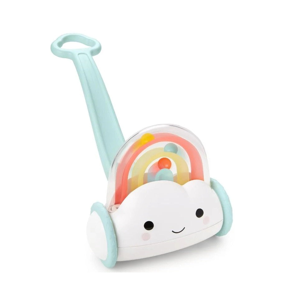 Skip Hop Silver Lining Cloud Rainbow Push Toy with pastel arches and smiling cloud face on blue wheels