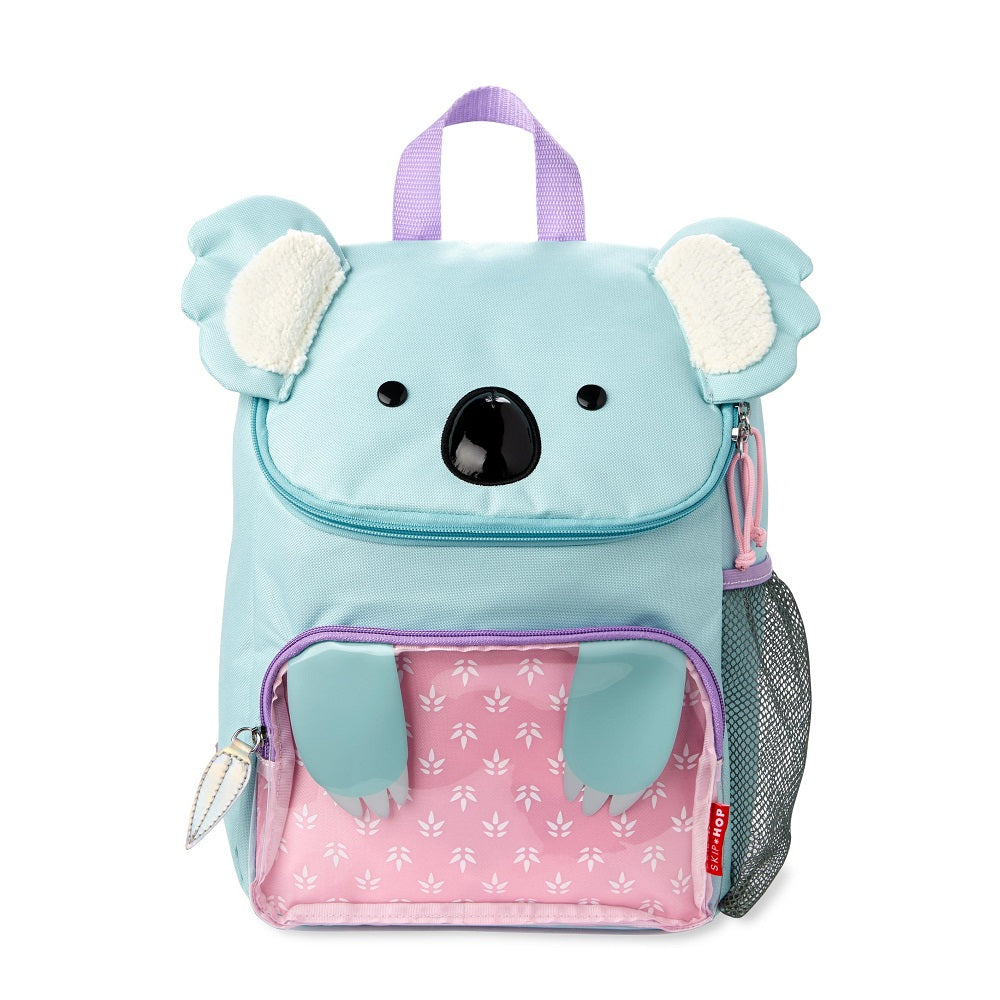 Skip Hop Zoo Koala big kid backpack; light blue body with pink patterned front pocket and plush ears