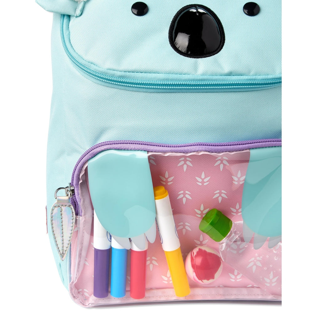 Skip Hop Zoo Koala big kid backpack in pastel blue with purple zipper and pink inner pocket storing markers.