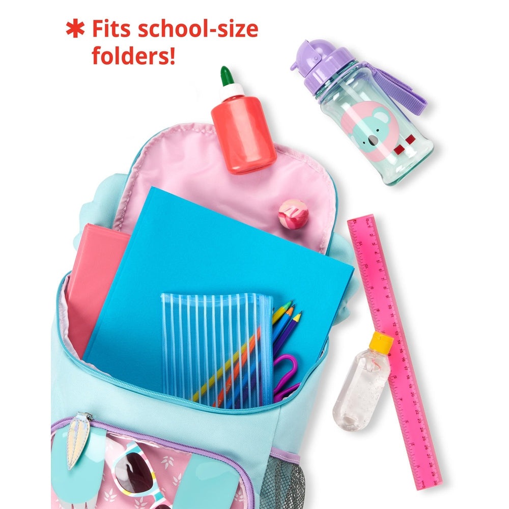 Skip Hop Zoo Big Kid Koala Backpack in pastel blue and pink with water bottle and supplies