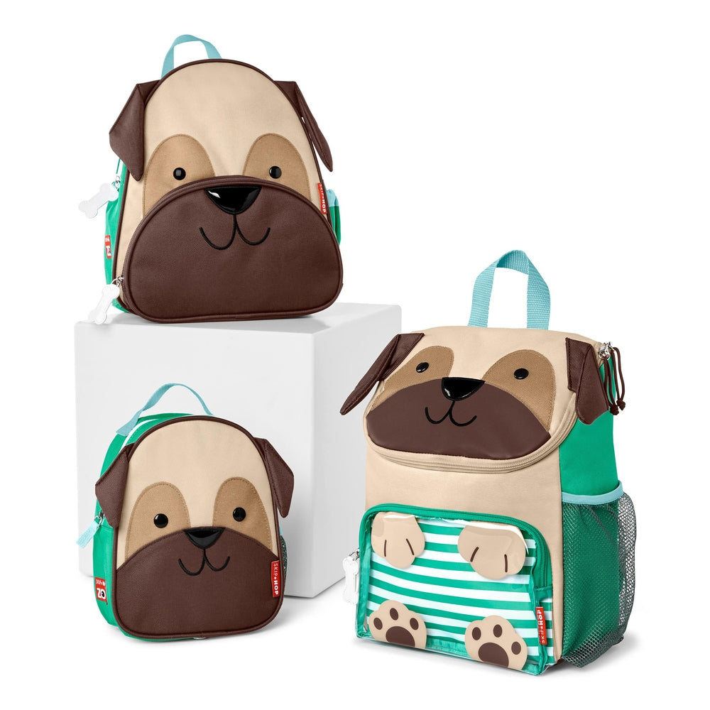 Skip Hop Zoo pug backpack set; three bags in teal, tan, and brown with pug face designs