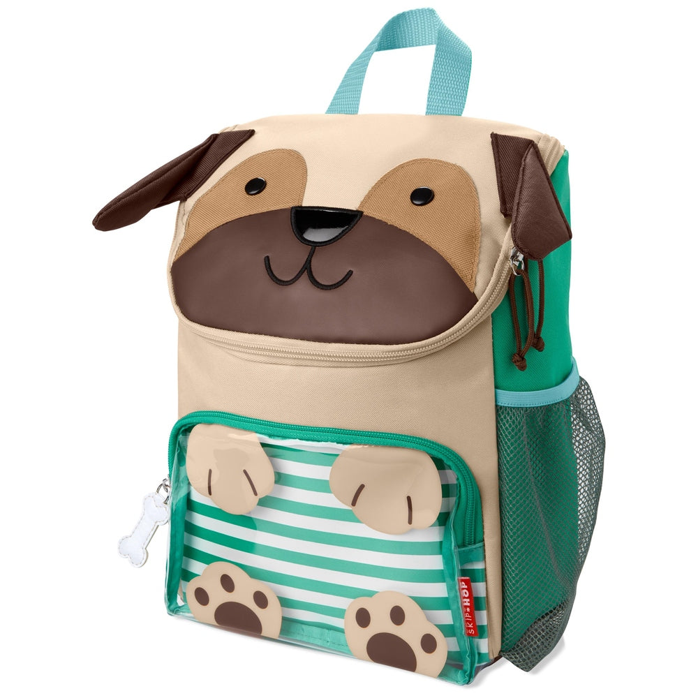 Skip Hop Zoo Big Kid Backpack Pug, beige with teal accents, paw-print front pocket