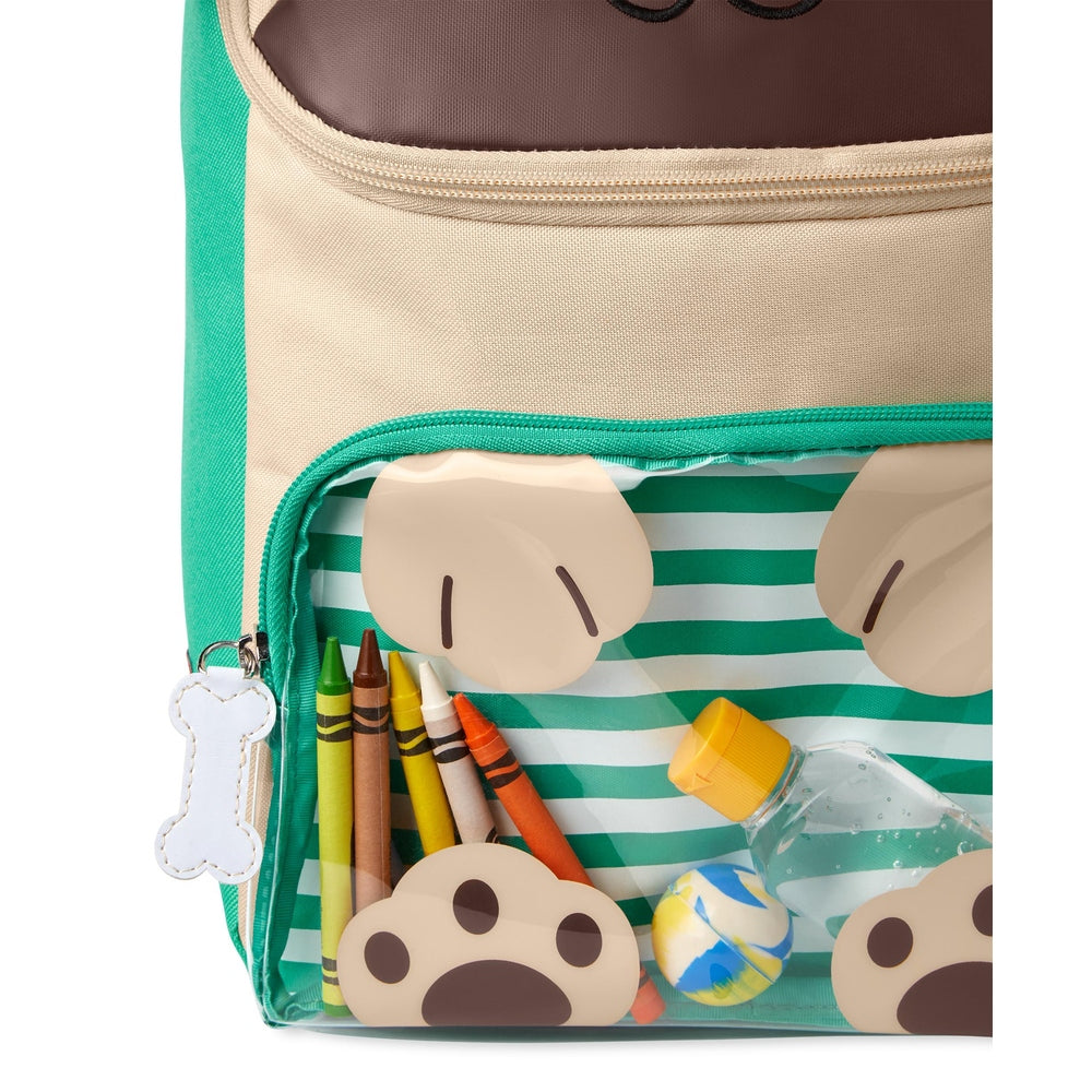 Skip Hop Zoo big kid backpack pug; green striped front pocket with paw prints, crayons, and a bottle