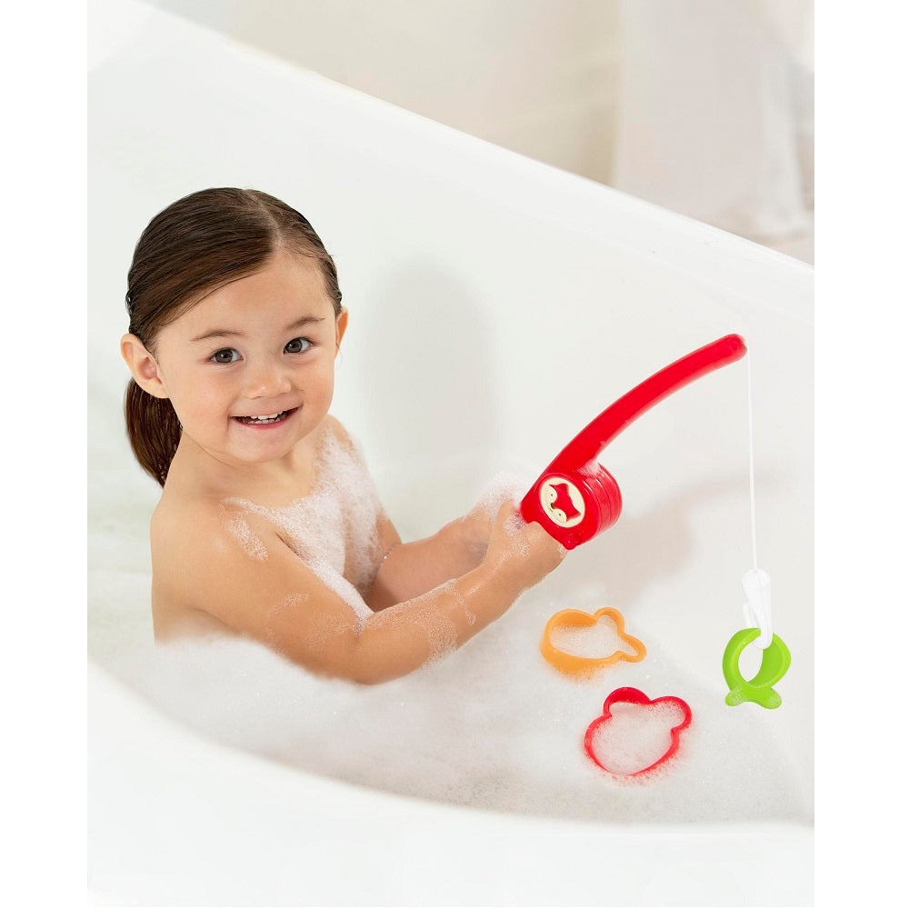 Skip Hop Zoo Fishin' Fox bath toy with red fishing rod and three colorful fish shapes.
