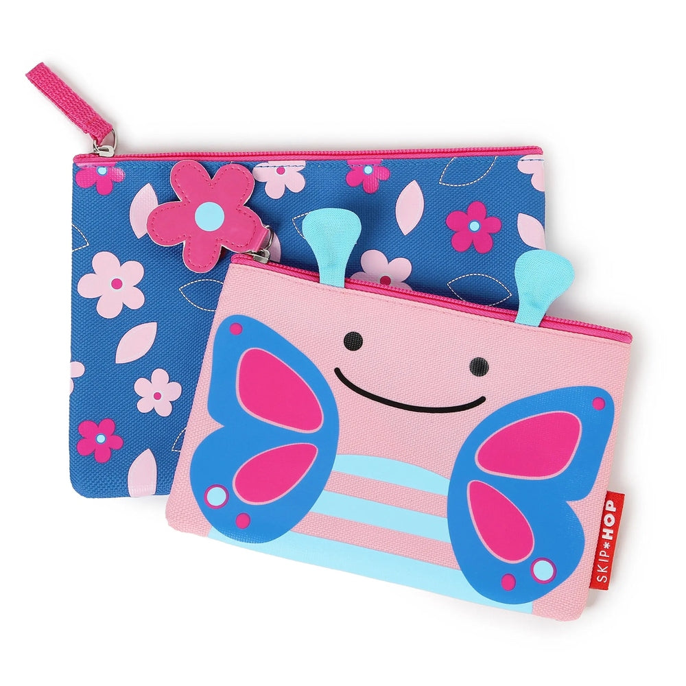 Skip Hop Zoo Kid Cases two-piece set with a pink butterfly-faced pouch and a blue floral-patterned pouch.