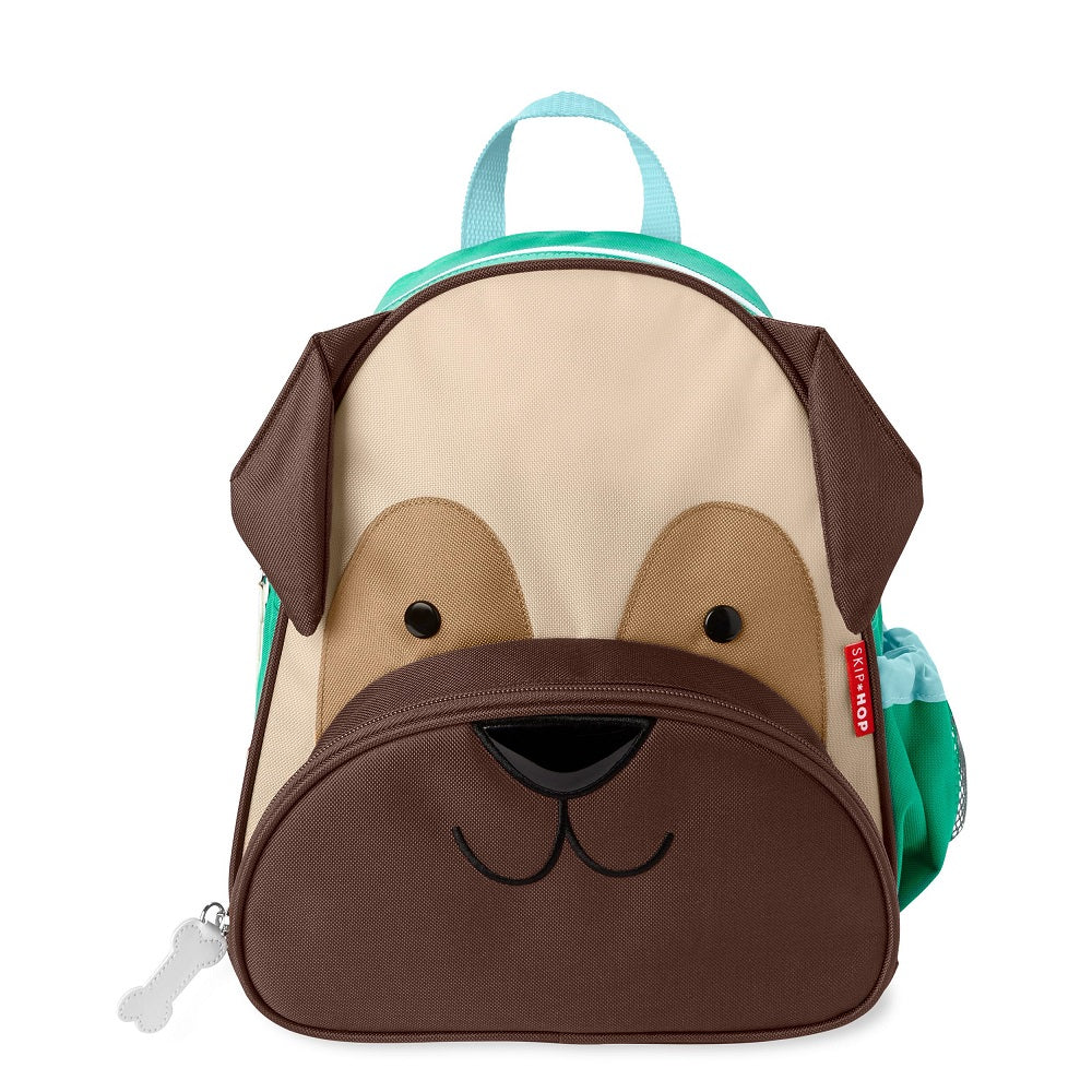 Skip Hop Zoo pug backpack for kids with beige-brown dog face, turquoise handle, and side pockets