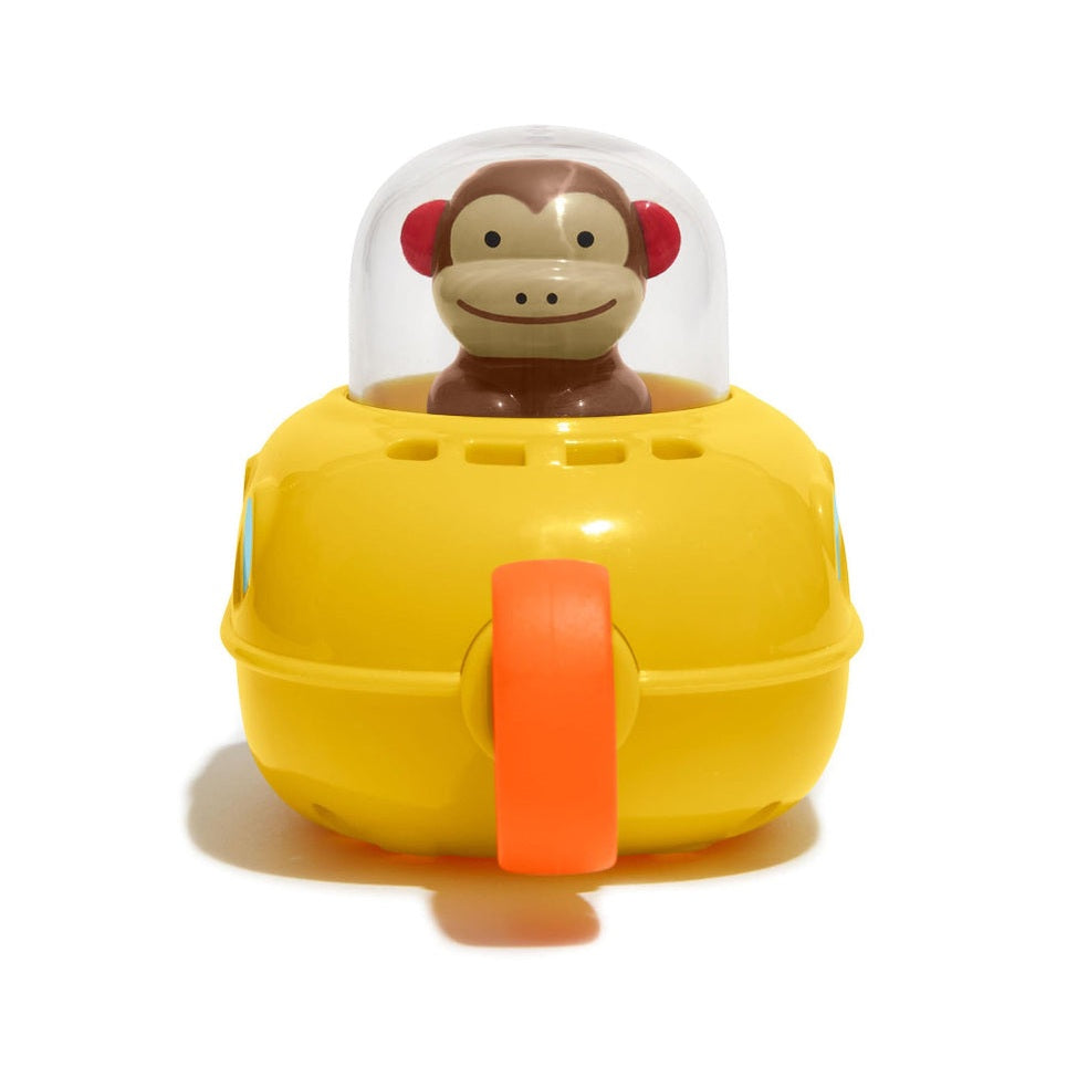 Skip Hop Zoo Pull & Go Submarine bath toy, yellow submarine with orange fin and monkey pilot in clear dome