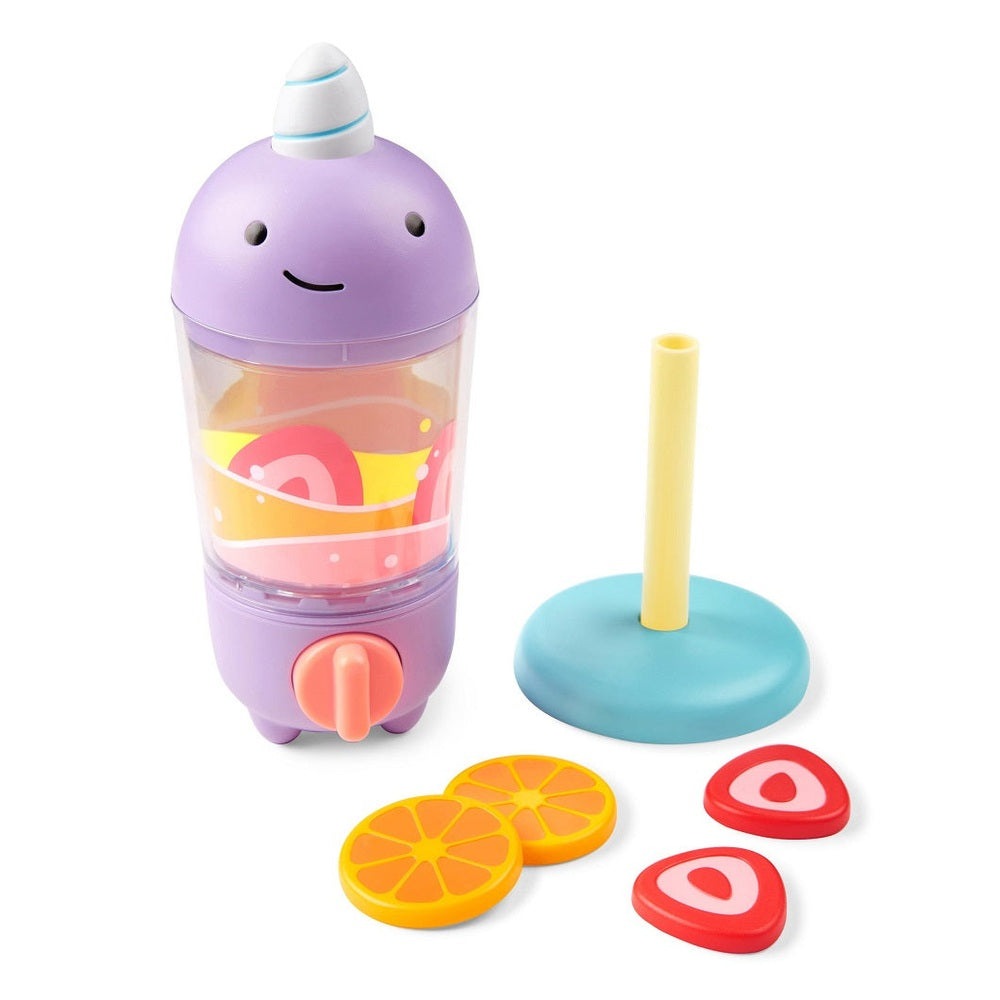 Skip Hop Zoo Shake It Up smoothie bottle set with purple cup, blue base, yellow straw, orange slices and red tokens (4)