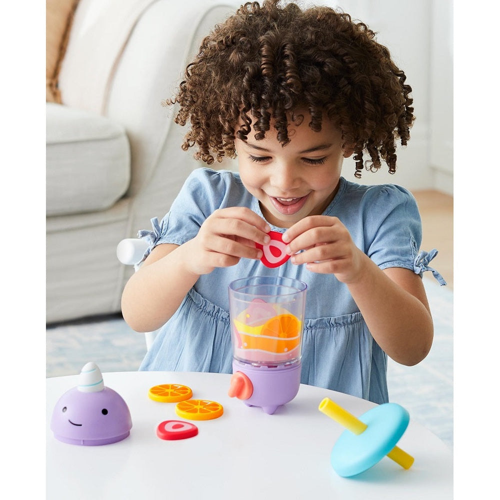 Skip Hop Zoo Shake It Up smoothie set with purple bottle and orange fruit slices for toddlers