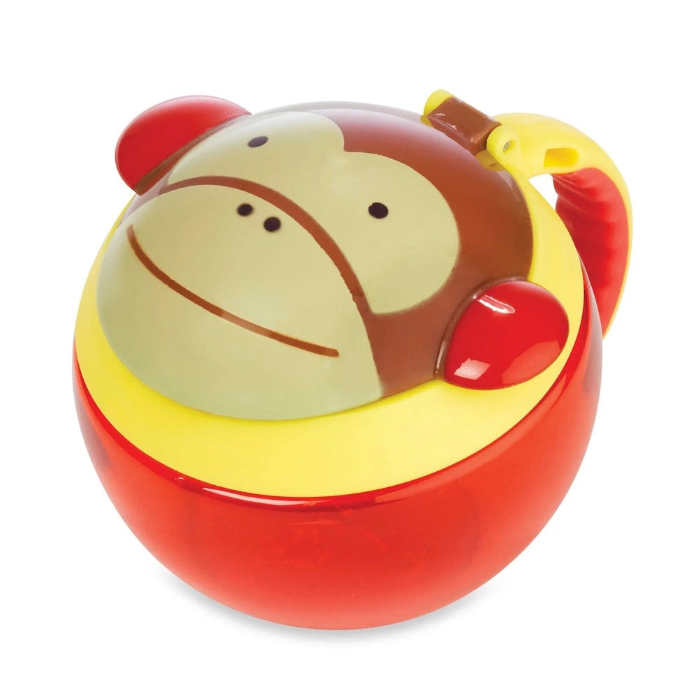 Skip Hop Zoo Snack Cup red cup with yellow rim and monkey lid, perfect for easy snack access.