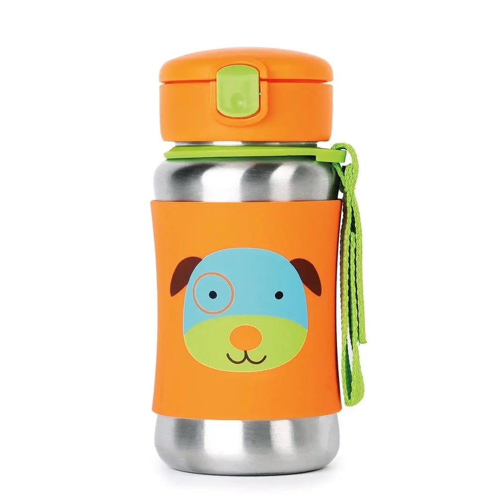 Skip Hop Zoo Stainless Steel Straw Bottle in orange sleeve with lime strap, blue dog graphic, ready for on-the-go kids.