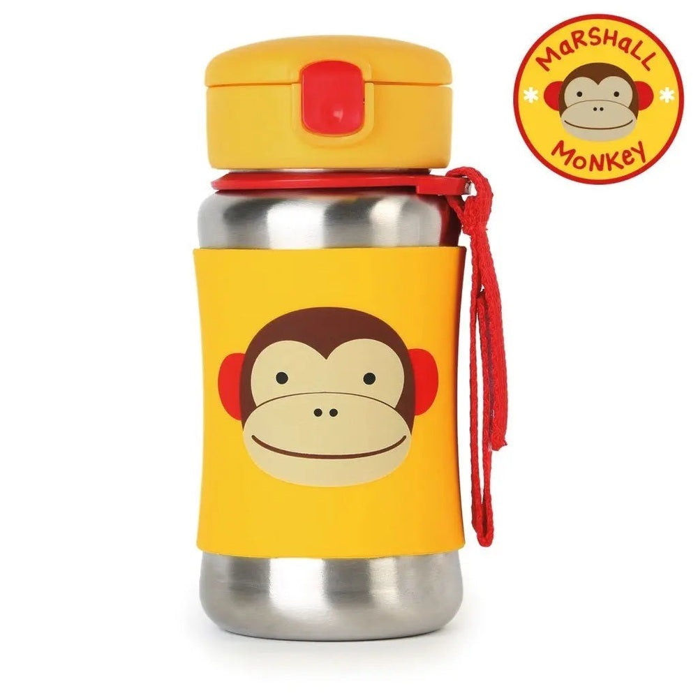 Skip Hop Zoo Stainless Steel Straw Bottle with yellow monkey design; red strap hangs beside.
