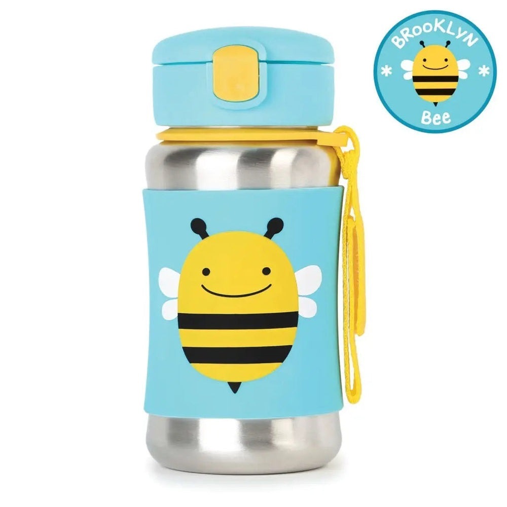 Skip Hop Zoo stainless steel straw bottle with blue bee design and yellow strap for easy carrying.