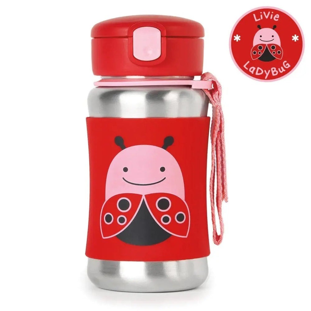 Skip Hop Zoo Stainless Steel Straw Bottle in red with pink silicone sleeve and attached strap, featuring a cute ladybug.