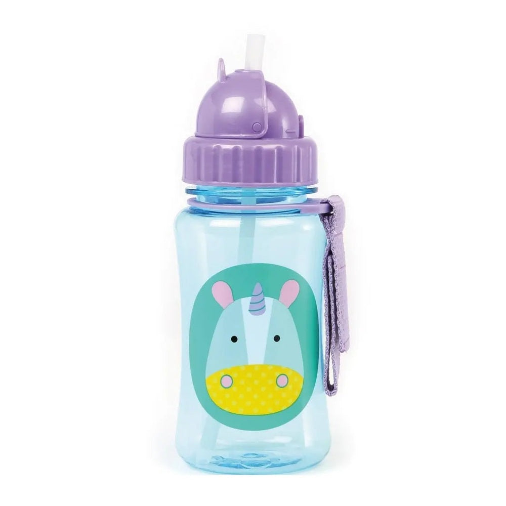 Skip Hop Zoo Straw Bottle in pastel blue with purple lid and unicorn graphic, strap hanging from side.
