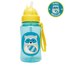 Skip Hop Zoo Straw Bottle blue with yellow lid and strap, panda graphic, straw ready for easy drinking.
