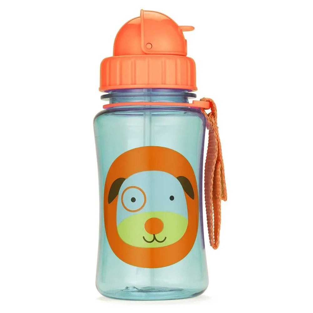 Skip Hop Zoo Straw Bottle in turquoise with orange lid, strap hanging for easy carrying, featuring a playful dog face print.