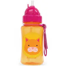 Skip Hop Zoo Straw Bottle, orange bottle with pink lid and cat face, carried by a pink wrist strap.