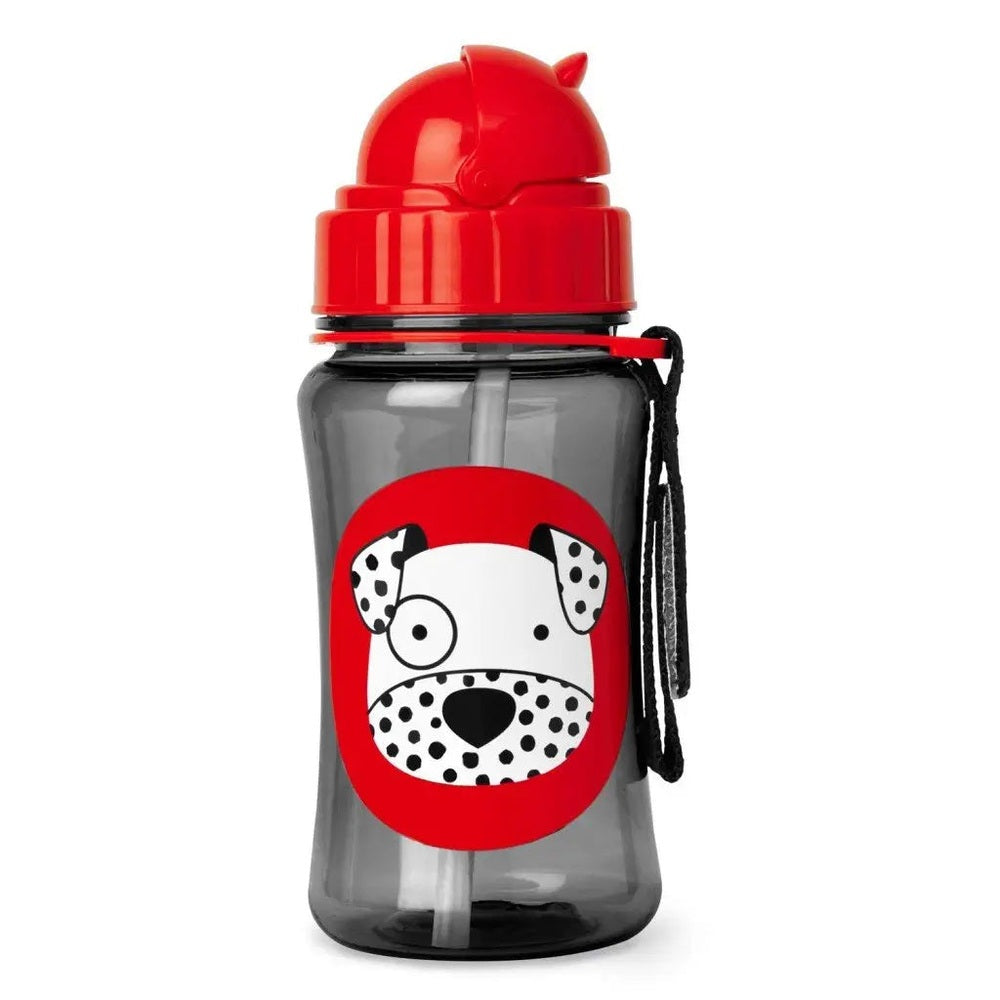 Skip Hop Zoo Straw Bottle, gray bottle with red lid; straw visible and strap attached.