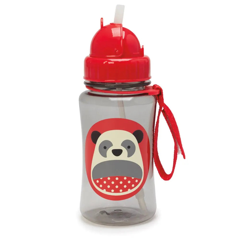 Skip Hop Zoo Straw Bottle with red lid and panda print on a clear gray bottle; strap attached for easy carrying.