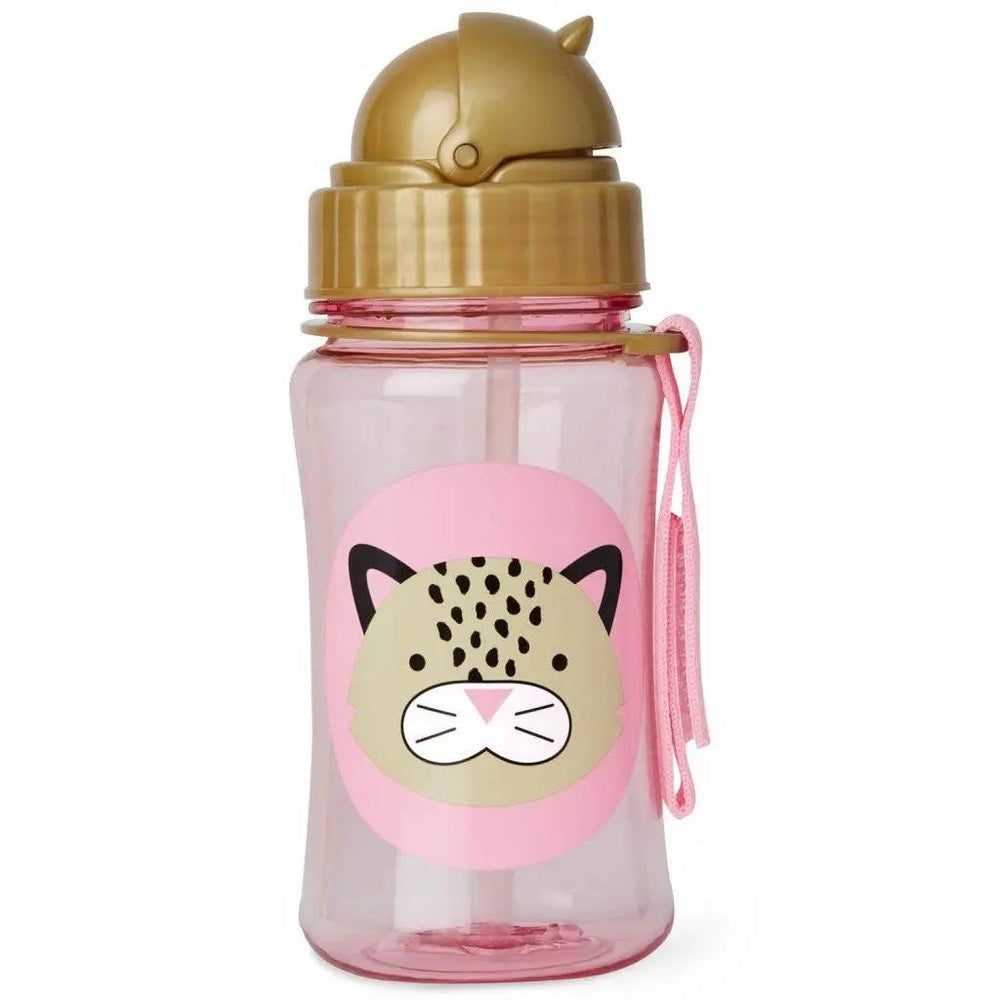 Skip Hop Zoo Straw Bottle pink with leopard graphic; built-in straw and pink carry strap shown for easy portability.