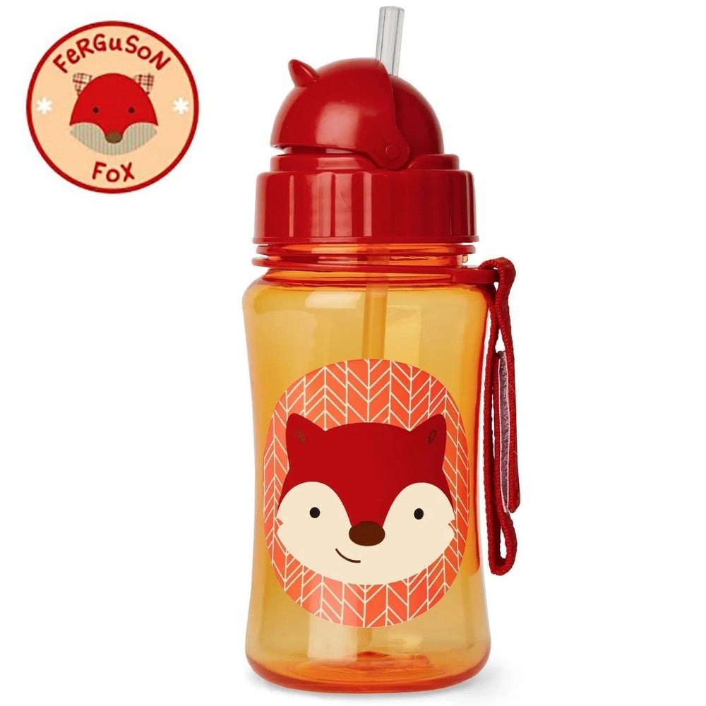 Skip Hop Zoo Straw Bottle in orange with red lid and straw, featuring a fox graphic and a red strap.